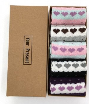 Набор женских теплых носков в коробке (5 шт), принт "Сердечки"
