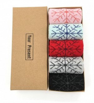 Набор женских теплых носков в коробке (5 шт), принт "Снежинки"
