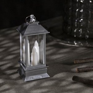 Светодиодная фигура «Серебристый фонарь со свечками» 5.5 x 13 x 5.5 см, пластик, батарейки AG13х3, свечение тёплое белое