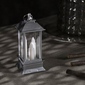 Светодиодная фигура «Серебристый фонарь со свечками» 5.5x13x5.5 см, пластик, батарейки AG13x3 (в комплекте), свечение тёплое белое