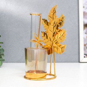 Подсвечник металл, стекло на 1 свечу с вазой "Золотые листья" d-5 см, 7,5х14х18,5 см