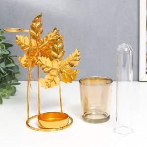 Подсвечник металл, стекло на 1 свечу с вазой "Золотые листья" d-5 см, 7,5х14х18,5 см