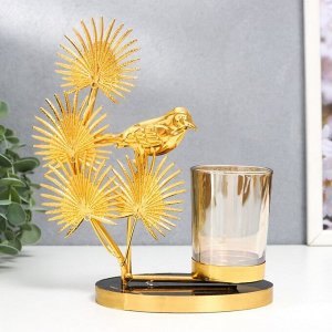 Подсвечник металл, стекло на 1 свечу "Птица на пальме" d-5 см, золото 8х16х19 см