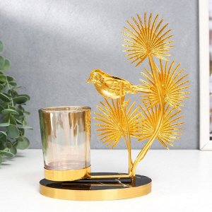Подсвечник металл, стекло на 1 свечу "Птица на пальме" d-5 см, золото 8х16х19 см