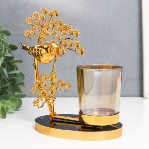 Подсвечник металл, стекло на 1 свечу "Птица на деревце" d-5 см, золото 8х15х17,5 см