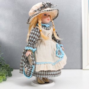 Кукла коллекционная керамика "Лена в голубом платье и шляпке в клетку" 30 см