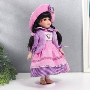 Кукла коллекционная керамика "Женя в розово-сиреневом платье, в клетку" 30 см