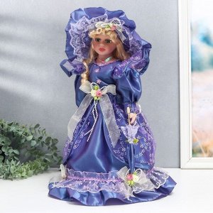 Кукла коллекционная керамика "Леди Анабель в синем платье с кружевом" 40 см