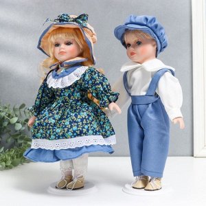 Кукла коллекционная парочка "Аня и Толя, наряды розочки на синем" набор 2 шт 30 см