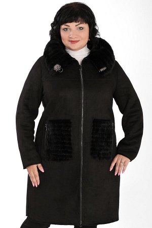 Пальто женское черное из искусственной замши с мехом на молнии спереди