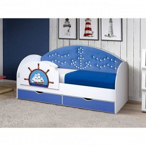 Кровать детская с мягкой спинкой и бортиком «Штурвал», 800 ? 1600 мм, цвет белый / синий