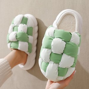 Тапочки домашние женские текстильные в клетку, цвет белый/зеленый