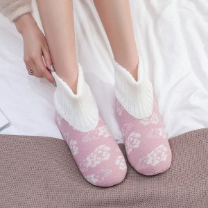 Носки-тапочки домашние женские вязаные с узором "Цветы", цвет розовый