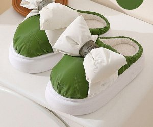 Тапочки домашние женские текстильные с большим бантом, цвет зеленый/молочный