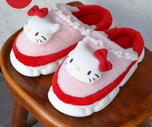 Тапочки домашние женские плюшевые с объемным дизайном "Китти", цвет розовый/красный