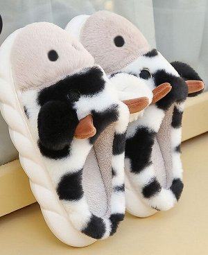Тапочки домашние женские плюшевые в милом дизайне "Корова", цвет белый/черный