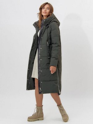 Пальто утепленное женское зимние темно-зеленого цвета 113151TZ
