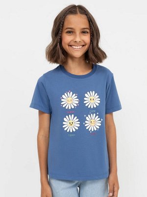 Прямая хлопковая футболка синего цвета с ромашками для девочек