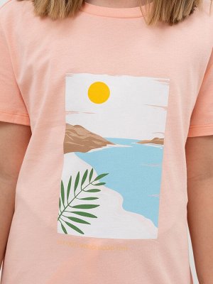Mark Formelle Хлопковая футболка в персиковом цвете с большим принтом