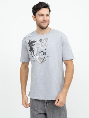 Хлопковая футболка в оттенке серый меланж с крупным принтом