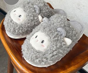 Тапочки домашние женские плюшевые в милом дизайне "Пушистая овечка", цвет серый