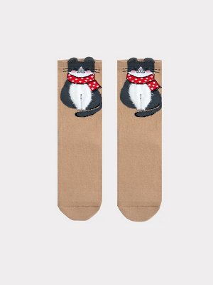 Высокие женские носки в оттенке капучино с рисунком в виде котика (1 упаковка по 5 пар)