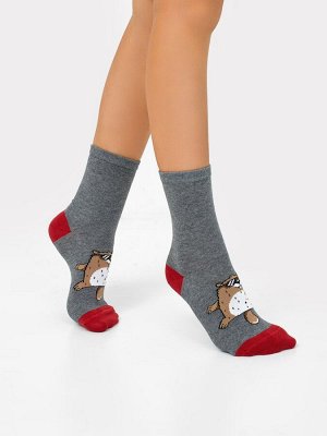 Детские высокие носки в оттенке темно-серый меланж с изображением сурка (1 упаковка по 5 пар)