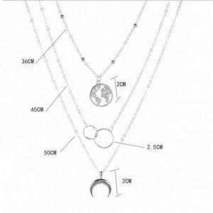 Цепочка ожерелье - чокер 3 в 1  - Карта Мира, Лунница, Кольцо в кольце
