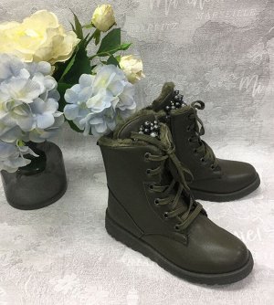 Ботинки женские зимние на шнуровке с мехом и бусинами Хаки