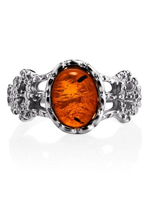 Изящное кольцо «Флоренция» из серебра и янтаря коньячного цвета