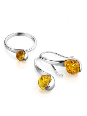 Необычное кольцо из серебра с лимонным янтарём «Лея»