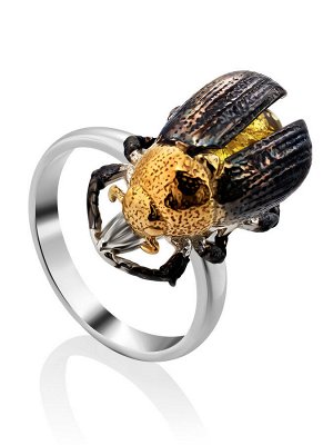 Необычное кольцо из серебра и натурального балтийского янтаря лимонного цвета «Скарабей»