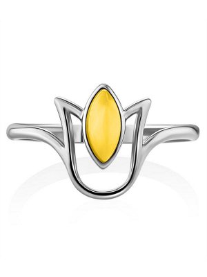 Тонкое нежное кольцо «Тюльпан» из серебра и янтаря медового цвета