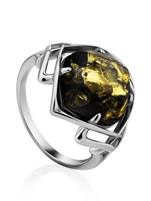 Стильное серебряное кольцо с натуральным зелёным янтарём «Астория»