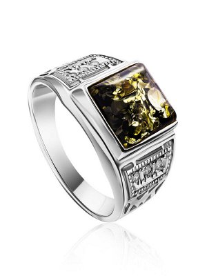 Перстень квадратной формы из серебра с натуральным янтарём и кристаллами «Цезарь»
