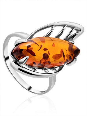 Эффектное кольцо из серебра и натурального янтаря коньячного цвета «Росянка»