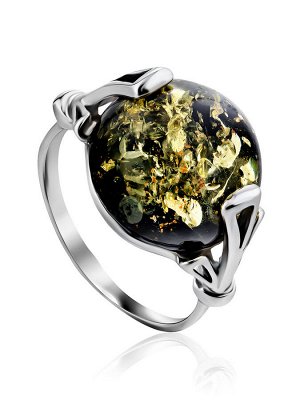 Круглое серебряное кольцо с натуральным зелёным янтарём «Лючия»
