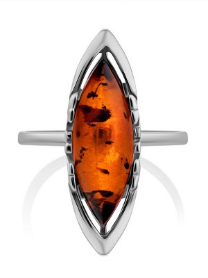 Изысканное удлинённое кольцо из серебра и натурального коньячного янтаря «Годива»