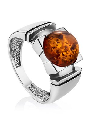 Стильное серебряное кольцо с круглой вставкой из натурального сверкающего коньячного янтаря «Рондо»