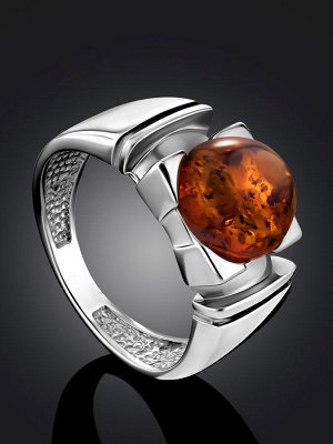 Стильное серебряное кольцо с круглой вставкой из натурального сверкающего коньячного янтаря «Рондо»