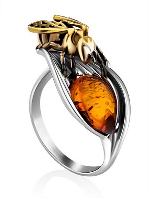 Необычное кольцо из серебра с натуральным янтарём коньячного цвета «Медонос»