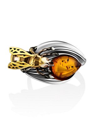 Необычное кольцо из серебра с натуральным янтарём коньячного цвета «Медонос»