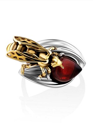 Серебряное кольцо с натуральным балтийским янтарем вишнёвого цвета «Медонос»