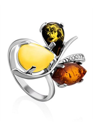 Яркое серебряное кольцо с натуральным балтийским янтарём трёх цветов «Магнолия»