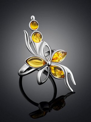 Нежное серебряное кольцо с натуральным балтийским янтарём лимонного цвета «Вербена»