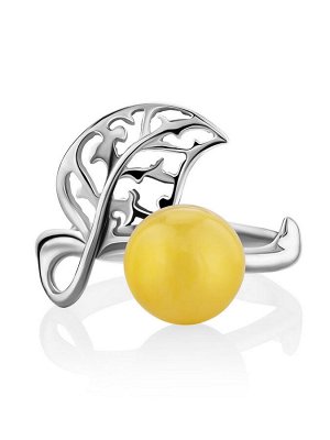 amberholl Ажурное кольцо «Флорина» с нежно-медовым янтарём