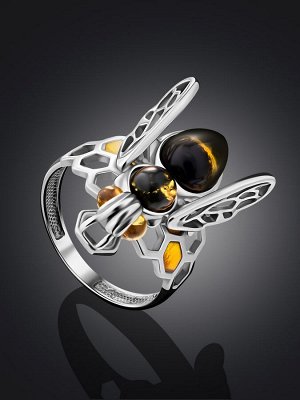 Необычное серебряное кольцо «Винни Пух» с натуральным янтарём