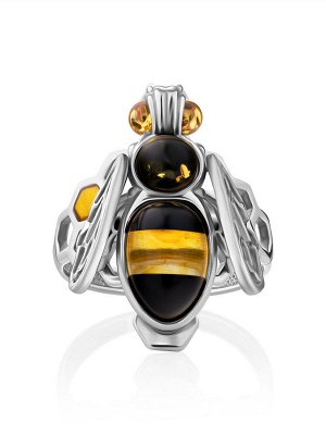 amberholl Необычное серебряное кольцо «Винни Пух» с натуральным янтарём