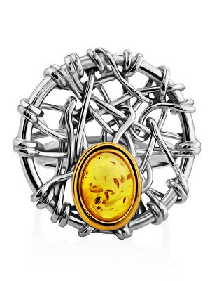 Необычное кольцо из серебра и натурального янтаря «Гнездо»
