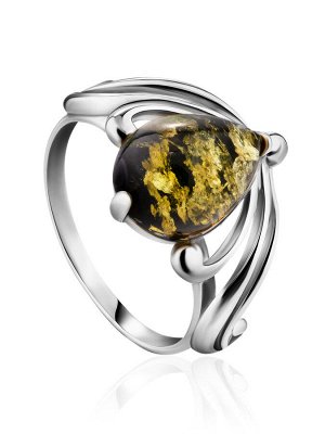 Яркое кольцо из серебра, украшенное натуральным янтарём зелёного цвета «Медея»